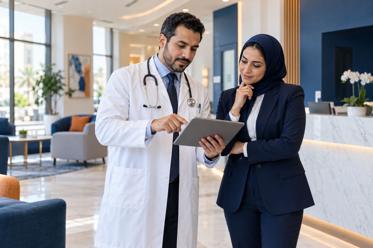 صورة توضيحية لطبيب ومديرة تشغيل يراجعان جهازاً لوحياً داخل منشأة طبية